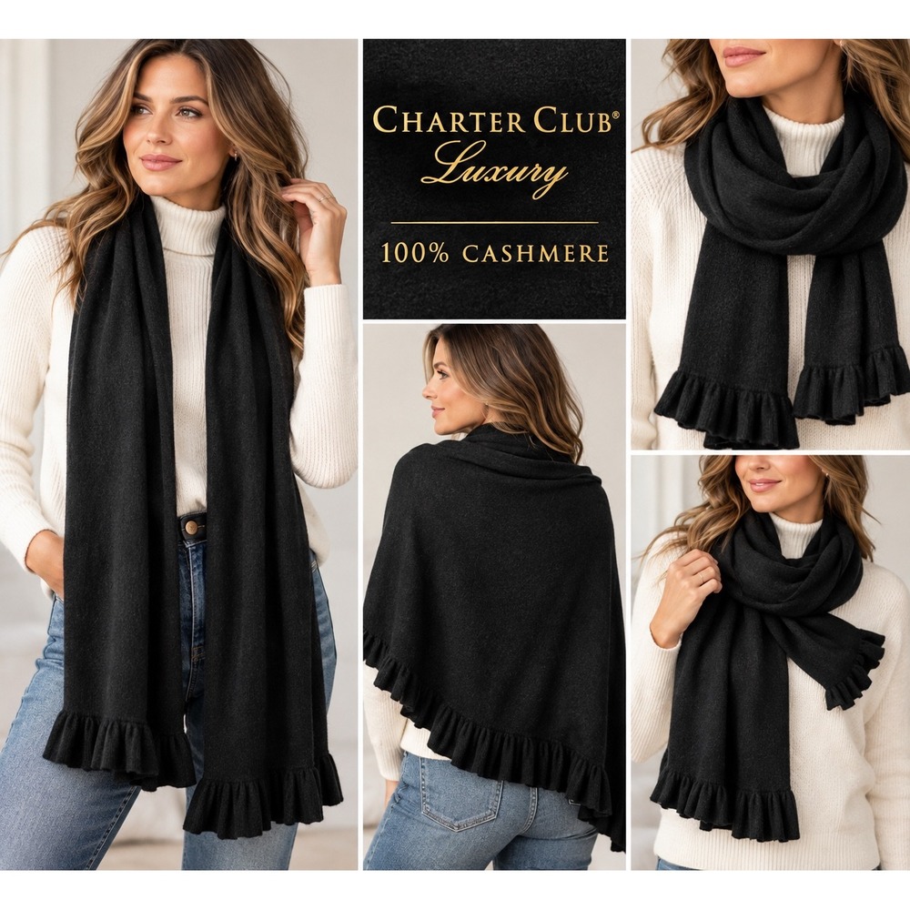 Charter Club Luxury Black Cashmere Scarf Ruffle Trim Knit Soft Quiet Luxury NWT